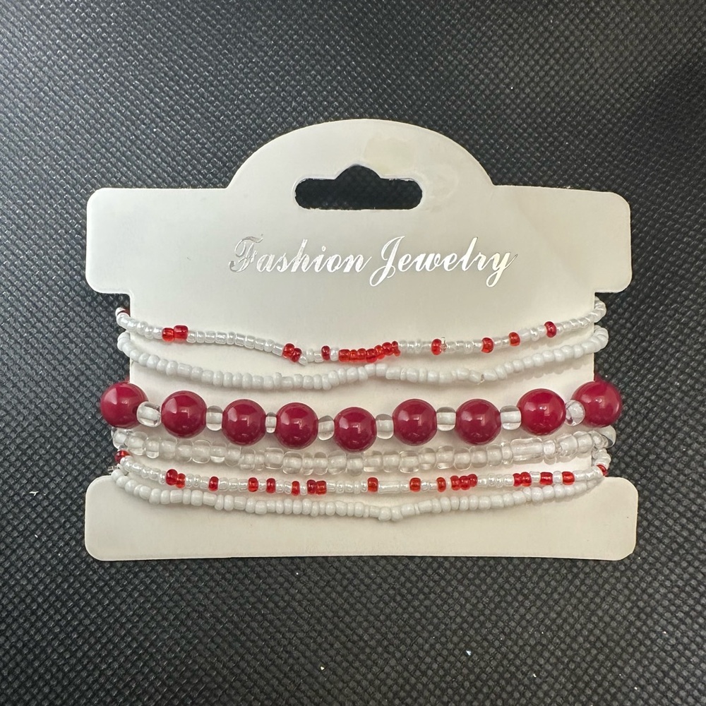 Red and White Beaded Bracelet Set